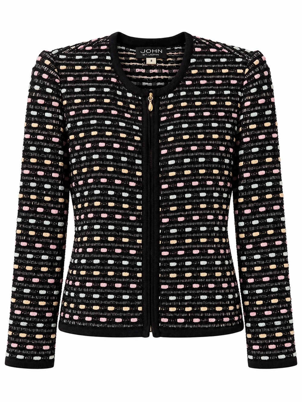 St. John Black Tweed Zip-Front Jacket with Pink and Gold Accents